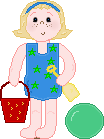 Cute Little Blonde Girl with Pail and Shovel, Shells and Ball