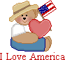 A little bear in a big hat holds a heart and waves the USA flag-I love America