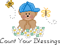 Count Your Blessings. A little bear in a baseball cap grins in a bed of flowers as butterflies flit around.