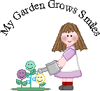 My Garden Grows Smiles.  A girl in purple and white waters her garden of smiley face flowers.